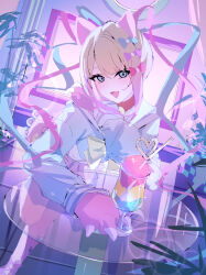 1girl absurdres animal_hands blonde_hair blue_eyes blue_hair blue_shirt bow bowtie chouzetsusaikawa_tenshi-chan commentary crazy_straw cup drinking_straw glass_table gloves gradient_hair highres junpaku_karen long_hair long_sleeves looking_at_viewer multicolored_hair needy_girl_overdose open_mouth paw_gloves pink_hair quad_tails school_uniform serafuku shirt solo standing standing_on_one_leg table yellow_bow yellow_bowtie