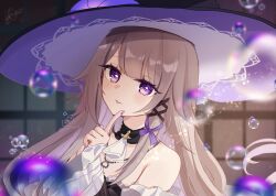 1girl bare_shoulders black_dress black_ribbon black_sleeves blurry blurry_background brown_hair bubble commentary_request depth_of_field detached_sleeves dress hair_ribbon hand_up hat herta_(honkai:_star_rail) highres honkai:_star_rail honkai_(series) index_finger_raised long_hair long_sleeves looking_at_viewer nail_polish parted_lips purple_eyes purple_hat purple_nails ribbon rino_cnc sleeves_past_wrists solo strapless strapless_dress the_herta_(honkai:_star_rail) upper_body very_long_hair white_sleeves wide_sleeves witch_hat