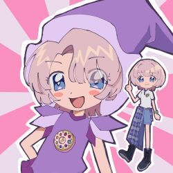 1girl aged_down arimura_mao black_boots blush boots closed_mouth commentary_request cosplay dress gakuen_idolmaster gkmas7 hair_over_one_eye hand_up hat highres idolmaster looking_at_viewer magical_girl multiple_views ojamajo_doremi open_mouth parody pink_hair pointing pointing_up purple_dress purple_eyes purple_hat segawa_onpu segawa_onpu_(cosplay) shirt short_hair short_sleeves shorts smile style_parody training_tap white_shirt witch_hat
