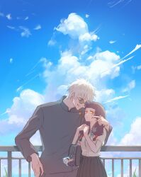 1boy 1girl bag black_bag black_coat black_pants black_skirt blue_bow blue_bowtie blue_eyes blue_ribbon blue_sky bow bowtie brown_hair carrying_over_shoulder charm_(object) cloud coat eeeng_l gakuran gojou_satoru grin hair_over_shoulder hair_ribbon highres iori_utahime jujutsu_kaisen long_hair looking_at_another looking_at_viewer low_twintails orange_eyes orange_ribbon own_hands_together pants plant ribbon round_eyewear school_uniform shirt short_hair shoulder_bag sidelocks skirt sky smile sunglasses twintails white_hair white_shirt