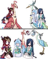 3girls archaeopteryx artist_name bird black_hair blue_eyes blue_hair boots cape chasca_(genshin_impact) china_dress chinese_clothes closed_eyes closed_mouth cloud_retainer_(genshin_impact) cow_girl cowboy_hat crane_(animal) dinosaur dress elf fur-trimmed_cape fur_trim ganyu_(genshin_impact) genshin_impact hair_bun hat highres instagram_logo instagram_username jack-in-the-box kamiiart multiple_girls music_box open_mouth pinwheel pointy_ears qucusaurus_(genshin_impact) red_hair seiza shenhe_(genshin_impact) sitting sleeping speech_bubble twitter_logo twitter_username xianyun_(genshin_impact)