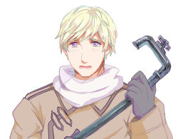 1boy asapbn axis_powers_hetalia black_gloves blonde_hair blush brown_coat coat collared_coat commentary_request gloves hands_up holding holding_lead_pipe lead_pipe long_sleeves looking_at_viewer male_focus open_mouth purple_eyes russia_(hetalia) sad scarf short_hair solo tearing_up teeth white_scarf