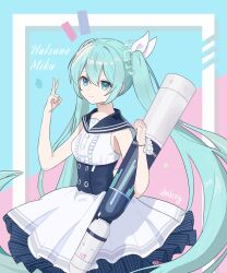 1girl blue_archive blue_eyes bow character_name commentary_request dress floating_headgear frilled_dress frills hair_bow hatsune_miku hatsune_miku_(blue_archive) headgear long_hair looking_at_viewer merak0901 object_request sailor_collar sailor_dress sleeveless sleeveless_dress smile solo twintails v very_long_hair vocaloid wrist_flower