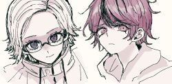 Rule 34 | 2boys, absurdres, aotsuki eito, black hair, closed mouth, glasses, highres, looking at viewer, male focus, messy hair, monochrome, multicolored hair, multiple boys, parted hair, red eyes, red hair, simple background, smile, sumino takumi, the hundred line -last defense academy-, white background, white eyes