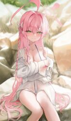 Rule 34 | 1girl, absurdres, bikini, blue archive, blush, braid, closed mouth, crossed arms, flower, green eyes, hair between eyes, hair flower, hair ornament, hanako (blue archive), hanako (swimsuit) (blue archive), highres, long hair, looking at viewer, official alternate costume, pink bikini, pink hair, sidelocks, single braid, smile, solo, swimsuit, ubeuna, white flower
