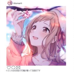 1girl bad_link blue_sky brown_eyes brown_hair cherry_blossoms hat highres idolmaster idolmaster_shiny_colors open_mouth pink_sweater sakuragi_mano sky smile solo sweater tomari_(veryberry00)