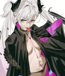 1girl black_hands black_jacket black_panties breasts candy colored_extremities fate/grand_order fate_(series) food green_eyes highres holding holding_candy holding_food holding_lollipop horns jacket lilith_(fate) lilith_(second_ascension)_(fate) lollipop long_hair looking_at_viewer nakmini navel panties pointy_ears pubic_tattoo solo tattoo tongue tongue_out twintails underwear white_hair