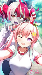 2girls :d ;d ahoge airani_iofifteen aqua_hair black_bow blue_hair blunt_ends bow bow_hairband breasts colored_skin colored_tongue commentary diamond-shaped_pupils diamond_(shape) double_bun dreadpunk english_commentary fangs feet_out_of_frame gradient_eyes gradient_hair green_eyes green_hairband grey_hair grey_skin hair_bow hair_bun hair_ornament hairband highres hololive hololive_indonesia kureiji_ollie lens_flare long_hair long_sidelocks looking_at_viewer matching_outfits medium_breasts mismatched_pupils multicolored_eyes multicolored_hair multicolored_hairband multicolored_skin multiple_girls one_eye_closed open_mouth palette_hair_ornament patchwork_skin pink_hair pink_hairband purple_eyes purple_tongue red_eyes red_hair selfie shirt side_ponytail side_up_bun sidelocks sleeve_cuffs sleeveless sleeveless_shirt smile stitched_arm stitched_face stitches swept_bangs symbol-shaped_pupils t-shirt two-tone_skin v v-shaped_eyebrows virtual_youtuber white_shirt white_skin x-shaped_pupils yellow_eyes zombie