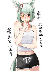 1girl absurdres animal_ears black_shorts bob_cut bow braid casual closed_mouth commentary cowboy_shot crown_braid dolphin_shorts ear_ribbon frown fujimasa_march_(umamusume) green_hair half_updo hand_on_own_arm hand_on_own_chin highres horse_ears horse_girl horse_tail kakuteru_sudachi looking_at_viewer midriff navel short_hair short_shorts shorts simple_background solo standing tail tank_top translated umamusume umamusume:_cinderella_gray white_background white_tank_top yellow_eyes