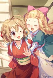 Rule 34 | 2girls, :d, ;d, ^ ^, apron, blonde hair, blush, bow, character request, closed eyes, commentary request, double-parted bangs, dress, frilled apron, frills, green dress, hair bow, hana uta memoire, hug, hug from behind, ichinose kei, japanese clothes, kimono, long hair, multiple girls, neck ribbon, obi, obijime, one eye closed, open mouth, orange eyes, pink bow, pink ribbon, red kimono, ribbon, sasaki ume, sash, short hair, short sleeves, smile, white apron, yellow sash