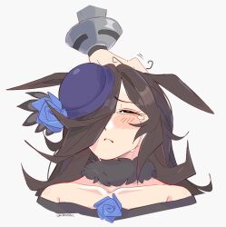 1girl 1other animal_ears bare_shoulders blue_hat brown_hair closed_eyes cropped_shoulders crying fur_collar grey_background hat headpat mihono_bourbon_(umamusume) off_shoulder rice_shower_(umamusume) simple_background tears umamusume unfamousradish