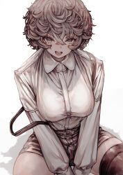 1girl absurdres afro black_shorts black_thighhighs breasts brown_eyes brown_hair collared_shirt commentary_request cowboy_shot crossed_bangs eyelashes fang hair_between_eyes highres impossible_clothes large_breasts long_sleeves looking_at_viewer open_mouth original own_hands_together shadow shirt short_hair short_shorts shorts simple_background single_thighhigh sitting soleil_(soleilmtfbwy03) solo thighhighs thighs white_background white_shirt