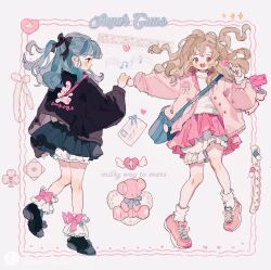 Rule 34 | 2girls, animal print, ankle garter, badge, bag, black bow, black eyes, black jacket, black shoes, blonde hair, bloomers, blue bag, blue bow, blue bowtie, blue hair, blue skirt, blush stickers, bow, bow legwear, bowtie, brown eyes, buttons, candy, chinese commentary, closed mouth, clothes lift, clover, coattails, commentary request, english text, envelope, expressionless, eyelashes, eyeshadow, fashion, floating hair, food, footwear bow, from side, full body, grey eyeshadow, hair bow, hair over shoulder, heart, highres, holding, holding candy, holding food, holding hands, holding lollipop, jacket, jacket lift, lace bow, lace trim, lollipop, long hair, long sleeves, looking at another, makeup, miniskirt, multiple girls, musical note, one side up, open clothes, open jacket, open mouth, original, pill, pink bow, pink jacket, pink shoes, pink skirt, pleated skirt, puffy long sleeves, puffy sleeves, putong xiao gou, rabbit print, shirt, shoes, shoulder bag, single strap, skirt, smile, socks, sparkle, straight-on, stuffed animal, stuffed toy, sweater jacket, teddy bear, teeth, turtleneck, underwear, upper teeth only, water gun, wavy hair, white background, white bloomers, white bow, white shirt, white socks, winged heart