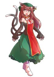1girl aged_up alternate_costume alternate_hair_length alternate_hairstyle animal_ear_fluff animal_ear_piercing animal_ears bare_shoulders black_shirt blush boots breasts brown_eyes brown_hair cat_ears cat_girl cat_tail chen commentary_request commission dairi earrings fang frilled_skirt frills full_body green_hat green_skirt hair_between_eyes hat highres jewelry large_variant_set long_hair long_sleeves looking_at_viewer medium_breasts mob_cap multiple_tails off-shoulder_shirt off_shoulder open_mouth red_tabard shirt single_earring skeb_commission skirt sleeves_past_wrists solo standing tabard tachi-e tail touhou two_tails variant_set white_boots