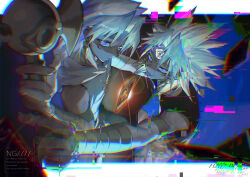 2boys absurdres black_shirt blue_background border dark-skinned_male dark_skin glitch highres male_focus marik_ishtar medium_hair millennium_rod multiple_boys purple_hair shirt spiked_hair the_winged_dragon_of_ra tongue tongue_out trading_card upper_body white_border xiao_(creation0528) yami_marik yu-gi-oh! yu-gi-oh!_duel_monsters