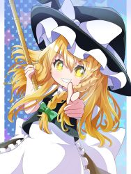 1girl apron beenyan_1203 blonde_hair blush bow braid grin hat hat_bow highres index_finger_raised kirisame_marisa long_hair looking_at_viewer puffy_sleeves shirt short_sleeves single_braid skirt skirt_set smile solo touhou vest waist_apron white_bow witch_hat yellow_eyes
