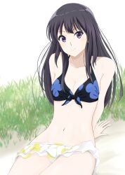 Rule 34 | 1girl, arm support, bikini, bikini skirt, black hair, breasts, cleavage, closed mouth, commentary request, front-tie bikini top, front-tie top, grass, hibike! euphonium, highres, kousaka reina, kxltl, long hair, looking at viewer, mismatched bikini, navel, on ground, purple eyes, sand, sitting, small breasts, solo, swimsuit