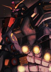 aiming aiming_at_viewer armor black_armor embers finger_beam finger_cannon glowing gundam highres looking_at_viewer mecha mecha_focus mobile_suit nori_(arara105) outstretched_hand powering_up psyco_gundam red_eyes robot solo upper_body v-fin zeta_gundam