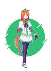 1girl animal_ears black_bow black_gloves black_pantyhose blunt_bangs bow breasts chest_bow closed_mouth dot_nose ear_covers female_focus flat_chest full_body gloves green_eyes highres hime_cut horse_ears horse_girl horse_tail long_hair long_sleeves looking_at_viewer miniskirt official_art orange_hair orange_tail pantyhose pleated_skirt silence_suzuka_(umamusume) skirt small_breasts smile solo solo_focus tail umamusume white_heels white_skirt