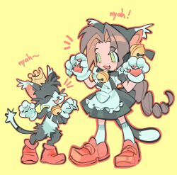 1girl aerith_gainsborough animal_ear_hairband animal_ears animal_hands apron bell black_dress black_fur boots braid braided_ponytail brown_boots brown_hair brown_shoes cait_sith_(final_fantasy) cat_ear_hairband cat_ears cat_paws crown dress fake_animal_ears final_fantasy final_fantasy_vii full_body gloves green_eyes hair_bell hair_ornament hairband highres lentymet loafers long_hair mini_crown neck_bell open_mouth parted_bangs paw_gloves paw_pose shoes single_braid smile socks tuxedo_cat two-tone_fur white_apron white_fur white_gloves white_socks yellow_background
