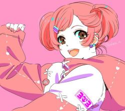 1girl :d ayase_naru brown_eyes earrings hair_ornament hairclip hand_up heart hood hood_down hoodie jewelry long_sleeves looking_at_viewer matsuura_mai open_mouth pink_background pink_hair pink_hoodie pretty_rhythm pretty_rhythm_rainbow_live pretty_series short_hair simple_background sleeves_past_wrists smile solo twintails upper_body