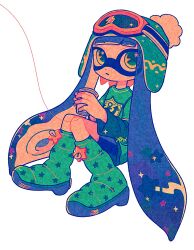 Rule 34 | 1girl, beanie, blue hair, blue shorts, blue tongue, boots, colored tongue, commentary, cup, disposable cup, dot nose, earflap beanie, english commentary, f0rd 5 px, full body, goggles, goggles on headwear, green boots, green hair, green hat, green shirt, hat, highres, holding, holding cup, inkling, inkling girl, inkling player character, invisible chair, layered sleeves, long hair, long sleeves, multicolored hair, nintendo, pac-man eyes, parted lips, pink hair, pom pom (clothes), pom pom beanie, print boots, print shirt, shirt, short over long sleeves, short sleeves, shorts, simple background, sitting, solo, splatoon (series), star (symbol), star print, t-shirt, tentacle hair, twintails, very long hair, white background, yellow eyes