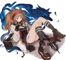 Rule 34 | 1girl, absurdres, angelina (arknights), animal ears, arknights, bag, black bag, black collar, black gloves, black shirt, black shoes, black shorts, black socks, blush, breasts, brown hair, coat, collar, earpiece, fox ears, fox girl, full body, gloves, hairband, highres, holding, holding staff, infection monitor (arknights), jacket, long hair, long sleeves, material growth, medium breasts, messenger bag, murechika, open clothes, open coat, open jacket, originium arts (arknights), oripathy lesion (arknights), red eyes, red hairband, red jacket, shirt, shoes, short shorts, shorts, shoulder bag, simple background, smile, sneakers, socks, solo, staff, striped clothes, striped hairband, twintails, two-tone hairband, unzipped, white background, white coat, zipper pull tab