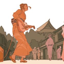 1girl 55bata6rou architecture brown_hair building closed_eyes day east_asian_architecture electric_guitar full_body guitar highres holding holding_guitar holding_instrument instrument japanese_clothes kimono music obi open_mouth original people playing_guitar playing_instrument road sandals sash standing street tree walking yellow_kimono