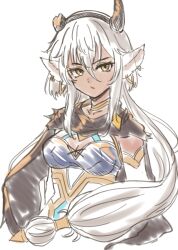 1girl animal_ears breasts broken_horn cleavage cow_ears cow_horns dark-skinned_female dark_skin fire_emblem fire_emblem_heroes fuussu_(21-kazin) hair_between_eyes horns long_hair looking_at_viewer medium_breasts meliai_(fire_emblem) nintendo parted_lips solo upper_body very_long_hair white_background white_hair yellow_eyes