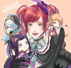 afro akechi_mitsuhide_(sengoku_musou) armor blowing_kiss brown_hair chibi chosokabe_motochika collar curly_hear frilled_collar frills gloves green_eyes grey_eyes hair_ribbon heart hosokawa_gracia instrument japanese_text koshoushou lips lipstick makeup multicolored_hair pointing ponytail purple_hair red_hair ribbon sengoku_musou shamisen twintails two-tone_hair white_hair