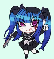 amemiya_darumi black_hair black_skirt blood bloody_tears blue_hair chibi chibi_only ear_piercing earrings face_piercing green_background holding holding_knife holding_weapon jewelry knife last_defense_academy_school_uniform lip_piercing long_hair looking_at_viewer multicolored_hair piercing pink_eyes pleated_skirt simple_background skirt smile the_hundred_line_-last_defense_academy- tongue tongue_out twintails weapon