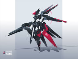 1girl absurdres gradient_background grey_background gun highres holding holding_gun holding_weapon jhcrow3 mecha mechanical_wings no_humans original rifle robot science_fiction shadow solo standing variant_set weapon wings