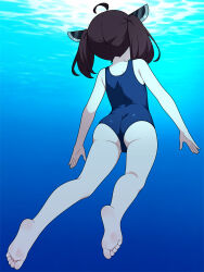 1girl ahoge ass black_hair brown_hair facing_away feet highres kneepits school_swimsuit soles solo suuchi_maigo_(nan) swimsuit touhoku_kiritan twintails underwater voiceroid