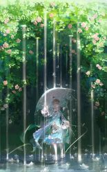 1girl aqua_dress brown_hair commission dress english_text full_body highres holding holding_umbrella original purple_shoes rain sample_watermark scenery shoes short_hair socks solo umbrella water watermark white_socks youliyouliv