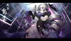 1girl absurdres asymmetrical_gloves black_gloves bronya_zaychik bronya_zaychik_(heart_of_the_night) bronya_zaychik_(silverwing:_n-ex) china_dress chinese_clothes closed_mouth dress drill_hair folding_fan gloves grey_hair hair_ornament hand_fan highres holding holding_fan honkai_(series) honkai_impact_3rd kengniang letterboxed long_hair looking_at_viewer mismatched_gloves short_sleeves solo sunglasses twin_drills white_dress