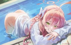 1girl absurdres ahoge ass bare_hips bent_over bikini bikini_top_only blue_archive blush bottomless bow braid breasts commentary_request day fingernails green_eyes hair_bow halo hanako_(blue_archive) hanako_(swimsuit)_(blue_archive) highres huge_ahoge large_breasts long_hair looking_at_viewer official_alternate_costume outdoors pink_hair pink_halo pool poolside shirt side_braid single_braid smile solo swimsuit syc2159 very_long_hair wet wet_clothes wet_shirt white_bow white_shirt