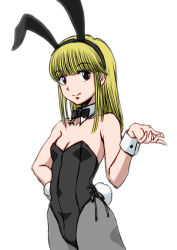 1boy absurdres animal_ears black_bow black_bowtie black_leotard bow bowtie breasts cleavage cowboy_shot detached_collar fake_animal_ears girly_boy grey_pantyhose highres kazusa_(pixiv78161465) leotard man_boobs oozora_hibari pantyhose playboy_bunny rabbit_ears rabbit_tail simple_background solo stop!_hibari-kun tail traditional_bowtie transgender white_background wrist_cuffs