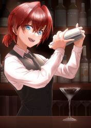 1girl :d absurdres alternate_costume ange_katrina asada7101 bar_(place) bartender black_necktie black_vest blue_eyes bottle cocktail_glass cocktail_shaker collared_shirt commentary_request crossed_bangs cup drinking_glass hair_between_eyes hair_intakes hair_ornament hands_up highres holding indoors long_bangs long_sleeves looking_at_viewer necktie nijisanji open_mouth ponytail red_hair shelf shirt short_ponytail smile solo teeth triangle_hair_ornament upper_body upper_teeth_only vest virtual_youtuber waistcoat white_shirt