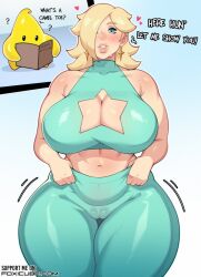 1girl ? alternate_breast_size alternate_costume artist_name blonde_hair blue_eyes blue_leggings blue_shirt book breasts cameltoe cleavage cleavage_cutout clothing_cutout crop_top earrings english_text foxicube hair_over_one_eye holding holding_book huge_breasts jewelry leggings long_hair looking_at_viewer luma_(mario) mario_(series) mature_female navel nintendo open_book plump rosalina shirt sleeveless sleeveless_shirt star_(symbol) star_cutout star_earrings watermark web_address wide_hips