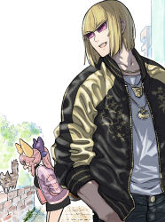 1boy 1girl animal_ears bent_over black_jacket blonde_hair bob_cut breasts cat commentary_request denim fate/grand_order fate_(series) fox_ears jacket jeans kurusu_piyo large_breasts long_hair multiple_necklaces open_mouth pants pink-tinted_eyewear pink_hair ponytail sakata_kintoki_(fate) smile sunglasses tamamo_(fate) tamamo_no_mae_(fate/extra) tinted_eyewear