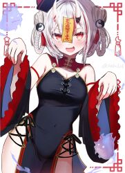 1girl alternate_costume alternate_hairstyle black_dress braid braided_hair_rings breasts china_dress chinese_clothes cleavage covered_navel cowboy_shot criss-cross_strings detached_sleeves double-parted_bangs dress fang frilled_sleeves frills hair_ornament hair_rings hat highres hololive horns jiangshi_costume looking_at_viewer medium_breasts multicolored_hair nakiri_ayame ofuda open_mouth outstretched_arms pelvic_curtain qingdai_guanmao red_eyes red_streaks seta_(seta105) short_hair skin-covered_horns skin_fang solo streaked_hair tassel tassel_hair_ornament virtual_youtuber white_hair wide_sleeves yin_yang zombie_pose