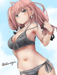 Rule 34 | 1girl, akino shuu, artist name, atlanta (kancolle), atlanta (swimsuit) (kancolle), bikini, black bikini, black eyes, breasts, cleavage, closed mouth, commentary request, earrings, jewelry, kantai collection, large breasts, long hair, low twintails, navel, pink hair, side-tie bikini bottom, signature, solo, star (symbol), star earrings, swimsuit, twintails