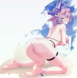 1girl :o animal_ears arbiter1 arm_under_breasts ass azur_lane bent_over bikini black_choker blue_hair blue_nails blush breast_rest breasts choker fox_ears fox_girl fox_mask from_behind from_side hair_between_eyes hands_up highres kneeling legs looking_at_viewer looking_back mask mask_on_head medium_breasts medium_hair multicolored_bikini no_tail sideboob solo swimsuit thigh_strap thighs tosa_(azur_lane) tosa_(hometown_zest)_(azur_lane) two-tone_bikini yellow_eyes