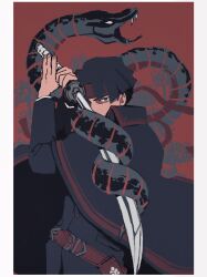1boy absurdres ace_attorney black_cape black_hair cape he_lsinki headband highres katana kazuma_asogi red_background red_headband snake solo sword the_great_ace_attorney weapon