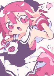 Rule 34 | 1girl, @ @, bbf2eo9d0rfx9sa, black horns, black vest, blush, demon girl, disgaea, fang, heart, heart tail, highres, horns, looking at viewer, makai senki disgaea 3, open mouth, pink eyes, pink hair, pink star, pink wrist cuffs, pleated skirt, raspberyl, sailor collar, short hair, skin fang, skirt, skull ornament, slit pupils, star (symbol), tail, vest, white background, white sailor collar, white skirt, wrist cuffs