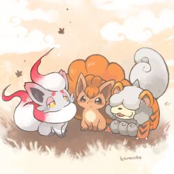 animal_focus autumn_leaves brown_eyes claws cloud creatures_(company) fangs game_freak gen_1_pokemon grey_hair hair_over_eyes hisuian_growlithe hisuian_zorua konanbo leaf markings multicolored_hair nintendo orange_hair pink_hair pokemon pokemon_(creature) signature sitting smile tongue tongue_out two-tone_hair vulpix white_hair yellow_eyes