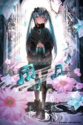 Rule 34 | 1girl, aqua eyes, aqua nails, asymmetrical footwear, batsu miku, beamed sixteenth notes, black pantyhose, black shoes, black skirt, blue hair, blush, commentary request, company name, copyright name, copyright notice, flower, hair ornament, hatsune miku, highres, interlocked fingers, long hair, long sleeves, making-of available, murasaki imo (1642126634013855744), musical note, nurimas, own hands together, pantyhose, parted lips, pink flower, plant, pleated skirt, quarter note, ripples, shoes, skirt, solo, triplet (music), twintails, very long hair, vines, vocaloid, window, x hair ornament