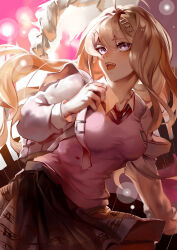 1girl absurdres ahoge akamatsu_kaede backpack bag blonde_hair breasts bucket collared_shirt commentary_request cowboy_shot crest danganronpa_(series) danganronpa_v3:_killing_harmony eyelashes floating_hair fortissimo hair_between_eyes hair_ornament happy highres holding holding_bag instrument keyboard_(instrument) large_breasts light_blush light_particles long_hair miniskirt musical_note musical_note_hair_ornament musical_note_print necktie nostrils open_mouth pink_background pink_vest pleated_skirt purple_eyes purple_skirt red_necktie shirt skirt smile solo teeth upper_teeth_only v-neck very_long_hair vest white_bag white_shirt yaya_(shizuku)