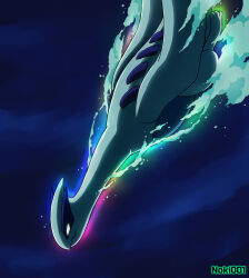 artist_name colored_skin creatures_(company) from_side game_freak gen_2_pokemon glowing highres legendary_pokemon lugia nintendo no_humans pokemon pokemon_(creature) rainbow soihtuss solo underwater water white_skin