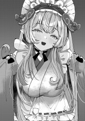 Rule 34 | 1girl, bell, blush, breasts, choker, detached sleeves, dithering, frilled hairband, frills, genshin impact, gnsn tukituki, greyscale, hairband, half-closed eyes, highres, japanese clothes, kimono, large breasts, long hair, maid, monochrome, neck bell, nihongami, open mouth, pointy ears, sidelocks, sleeveless, sleeveless kimono, solo, wa maid, wide sleeves, yumemizuki mizuki